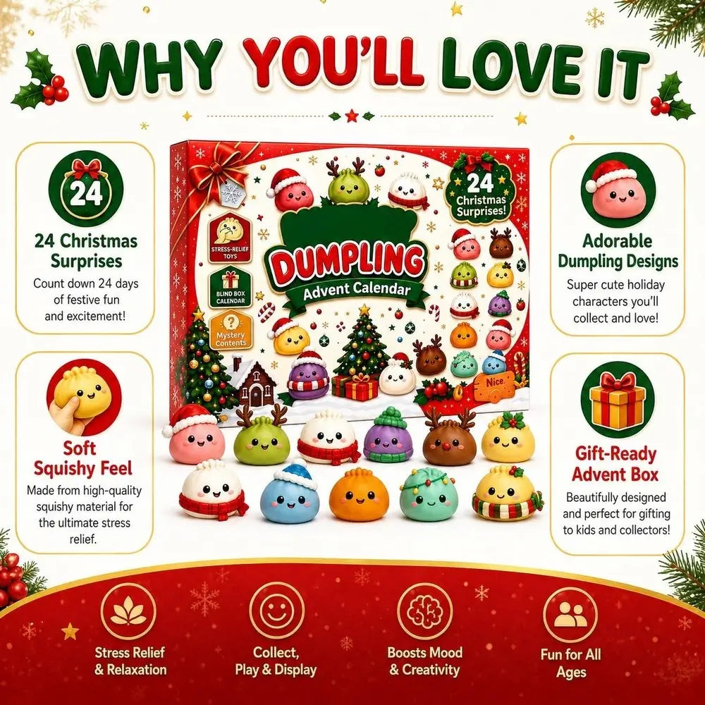Christmas-themed Dumpling Advent Calendar product display with a red gift box in the center, multiple colorful dumplings arranged in front, and promotional text panels around it on a festive white and red background.