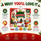 Christmas-themed Dumpling Advent Calendar product display with a red gift box in the center, multiple colorful dumplings arranged in front, and promotional text panels around it on a festive white and red background.