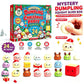Mystery Dumpling Christmas Party stress relief advent calendar set, featuring a colorful 24-piece box, a hand squeezing a white dumpling, and multiple cute pastel dumpling characters arranged below on a white background.
