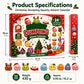 Product specifications graphic for a Christmas Dumpling Squishy Advent Calendar, showing the front and side of the box with dimensions, weight, and a row of colorful dumpyng characters below.