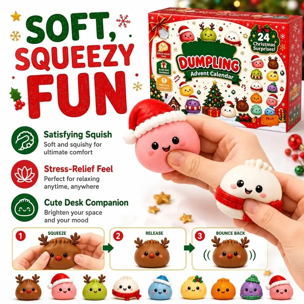 A hand squeezes two cute Christmas-themed squishy toys, one pink with a Santa hat and one white with a red scarf, in front of a box labeled 'Dumpling Advent Calendar' and promotional text about soft, squeezable fun.