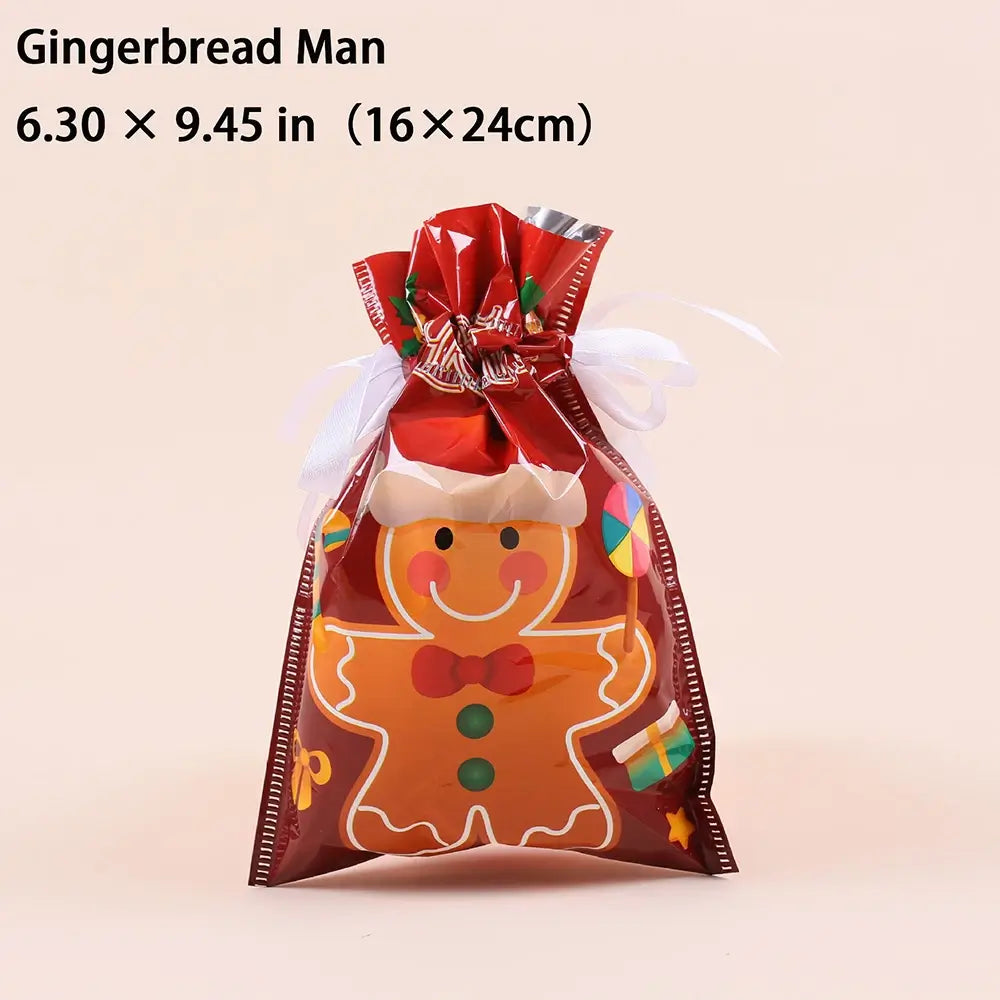 A red drawstring gift bag featuring a gingerbread man illustration, with a white ribbon tied at the top. Text at the top left reads 'Gingerbread Man