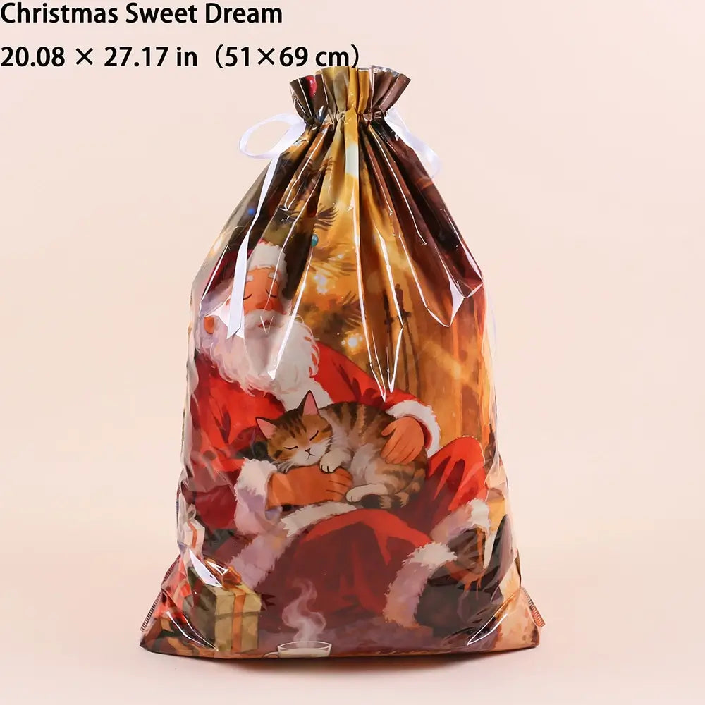 A Christmas-themed clear plastic gift bag with a printed illustration of Santa Claus carrying a sleeping cat, shown on a plain light beige background with text at the top indicating dimensions.