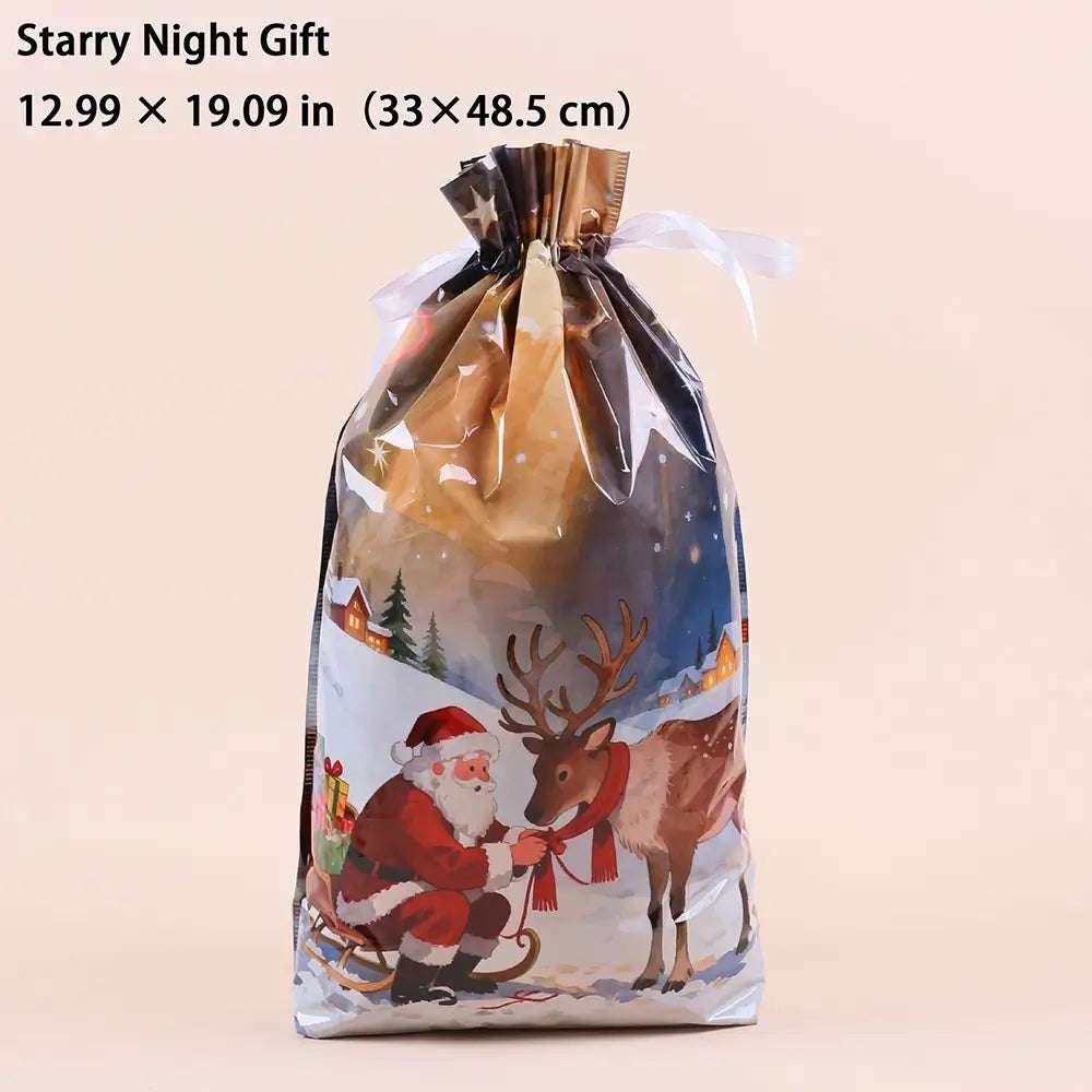 A clear plastic Christmas gift bag with a printed winter scene featuring Santa Claus, a reindeer, snow, and stars, tied at the top with a white ribbon. Text at the top left reads 'Starry Night Gift'