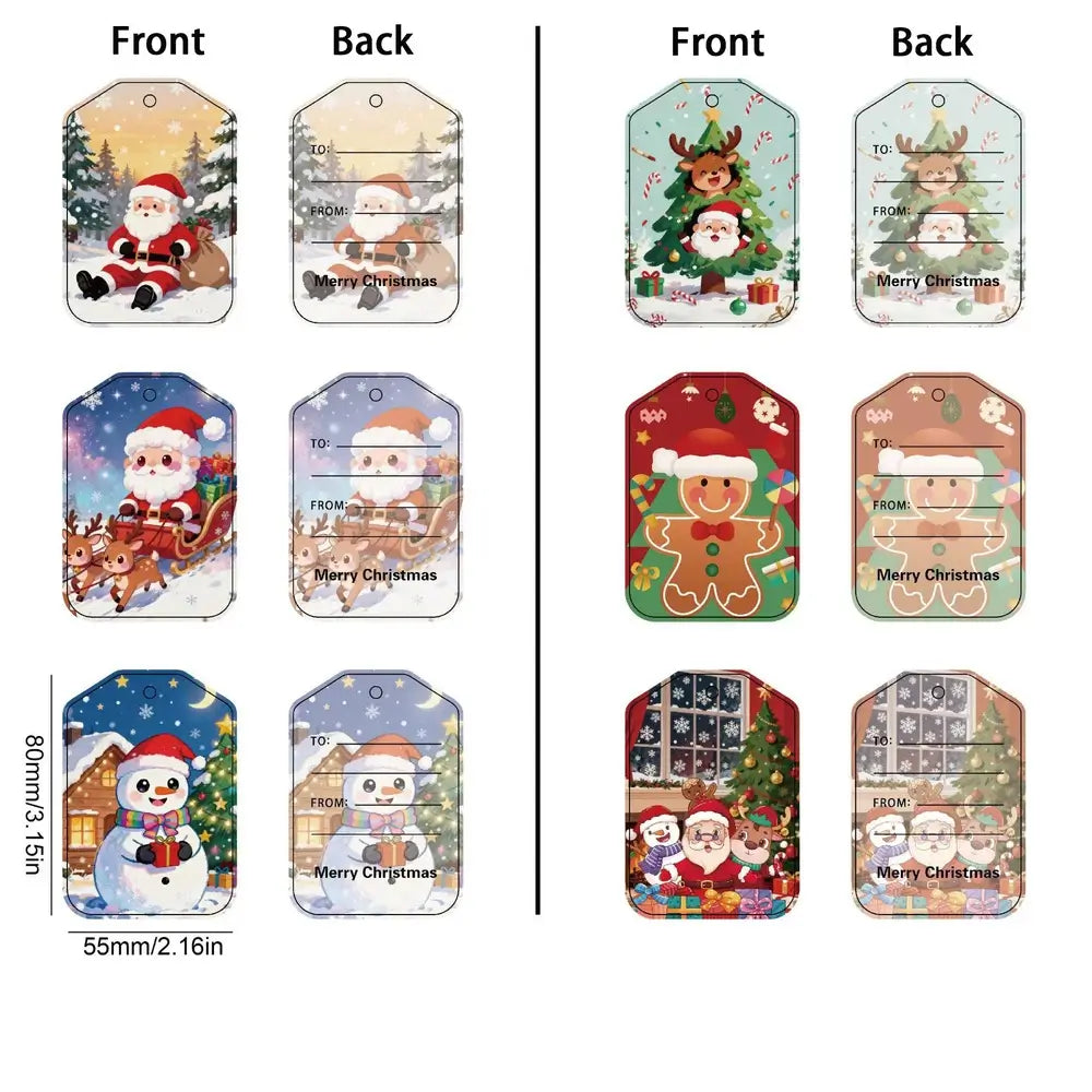 A product display sheet showing Christmas-themed gift tags with front and back designs. Multiple color variants are arranged in a grid, including Santa Claus, reindeer, gingerbread men, snowman, and holiday village scenes.