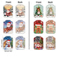 A product display sheet showing Christmas-themed gift tags with front and back designs. Multiple color variants are arranged in a grid, including Santa Claus, reindeer, gingerbread men, snowman, and holiday village scenes.