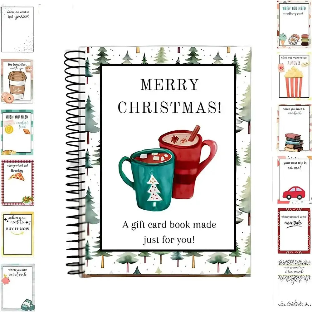 A spiral-bound gift card book with a festive Christmas cover design, featuring the text 'MERRY CHRISTMAS! A gift card book made just for you!' and illustrations of two hot cocoa mugs, surrounded by a border of pine trees. Side panels show additional card designs included in the set.