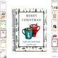 A spiral-bound gift card book with a festive Christmas cover design, featuring the text 'MERRY CHRISTMAS! A gift card book made just for you!' and illustrations of two hot cocoa mugs, surrounded by a border of pine trees. Side panels show additional card designs included in the set.