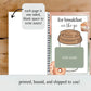 A spiral-bound notebook shown open on a wooden surface, with the left page blank and a right page featuring a coffee cup illustration, the text 'for breakfast on the go,' a green 'GIFT CARD' block, and donut graphics. A note says each page is one sided, blank space to write notes!, and printed, bound, and shipped to you!.