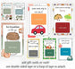 A set of printable gift card templates with different colorful designs, including illustrations of tacos, a coffee cup, a red car, and food items, with text prompts like 'your next trip is on me!' and 'add gift cards or cash!'.