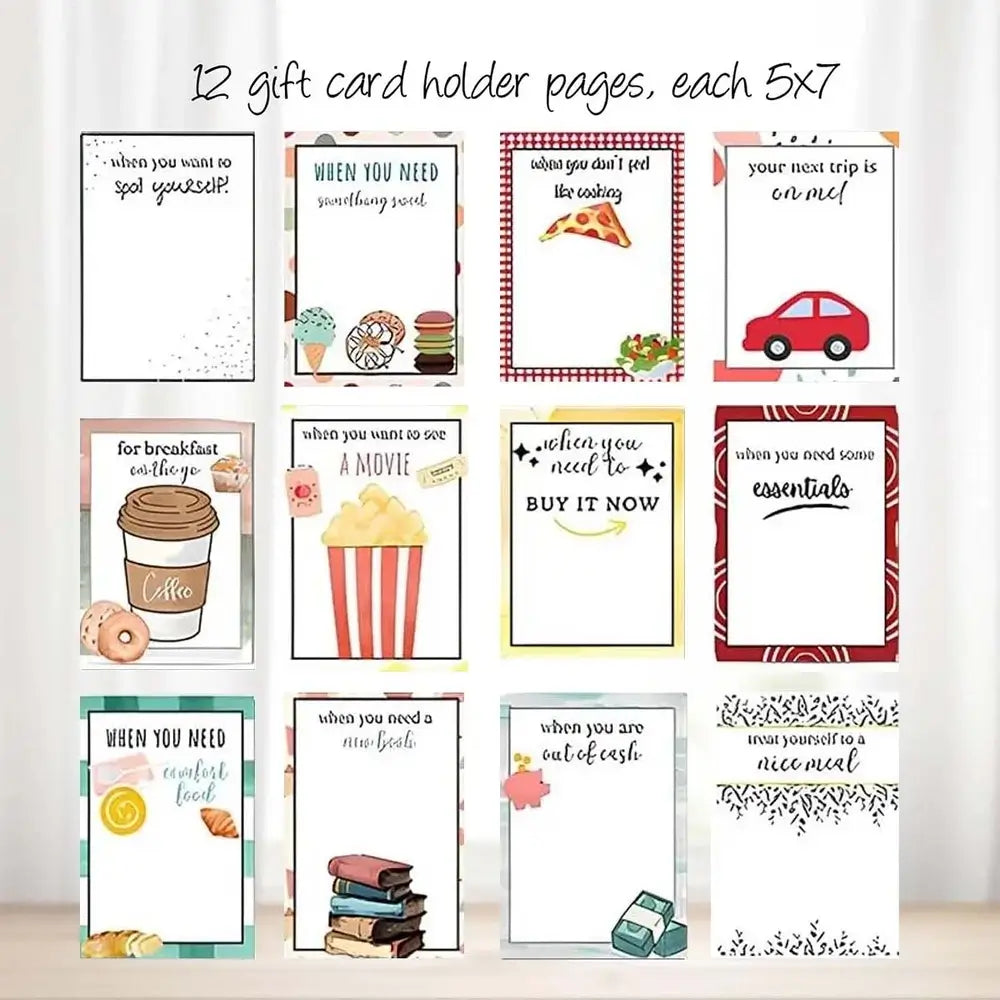 A set of 12 gift card holder pages, each 5x7 inches, arranged in a 3x4 grid. The pages feature various colorful and whimsical illustrations such as a coffee cup, pizza slice, ice cream cone, popcorn bucket, stack of books, and a retro cash register, paired with motivational quotes on a white background.