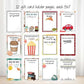 A set of 12 gift card holder pages, each 5x7 inches, arranged in a 3x4 grid. The pages feature various colorful and whimsical illustrations such as a coffee cup, pizza slice, ice cream cone, popcorn bucket, stack of books, and a retro cash register, paired with motivational quotes on a white background.