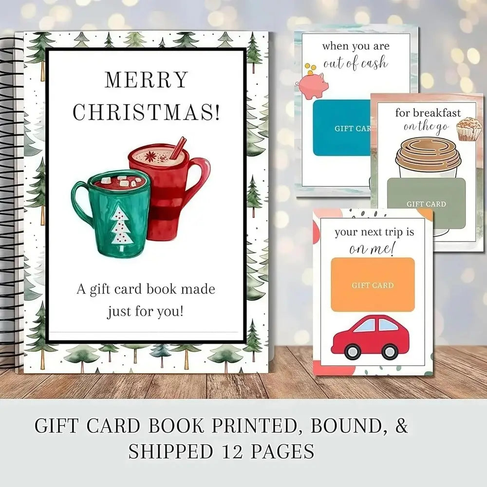 A Christmas-themed gift card book shown with several sample gift cards fanned out beside it. The cover reads “MERRY CHRISTMAS!” and features watercolor-style holiday mugs, pine trees, and a white border.