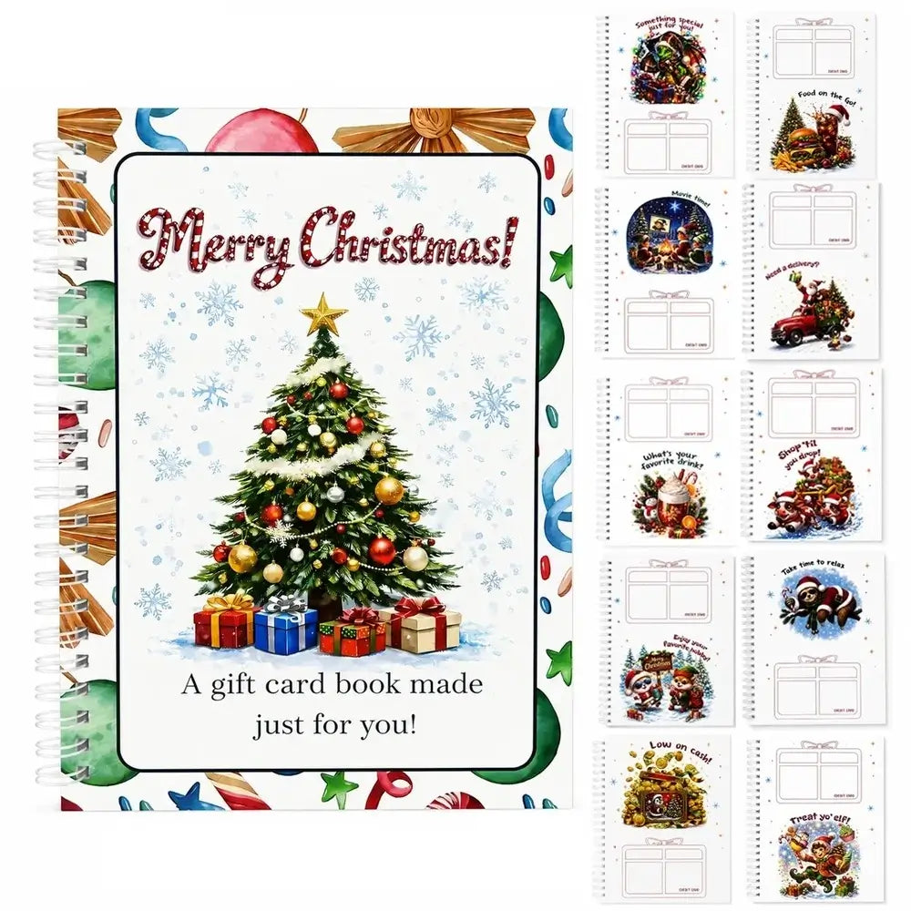 A Christmas-themed gift card book set shown on a white background, with the front cover featuring a decorated Christmas tree, ornaments, and the text 'Merry Christmas! A gift card book made just for you!' on the left, and several interior card pages with gift illustrations displayed on the right.