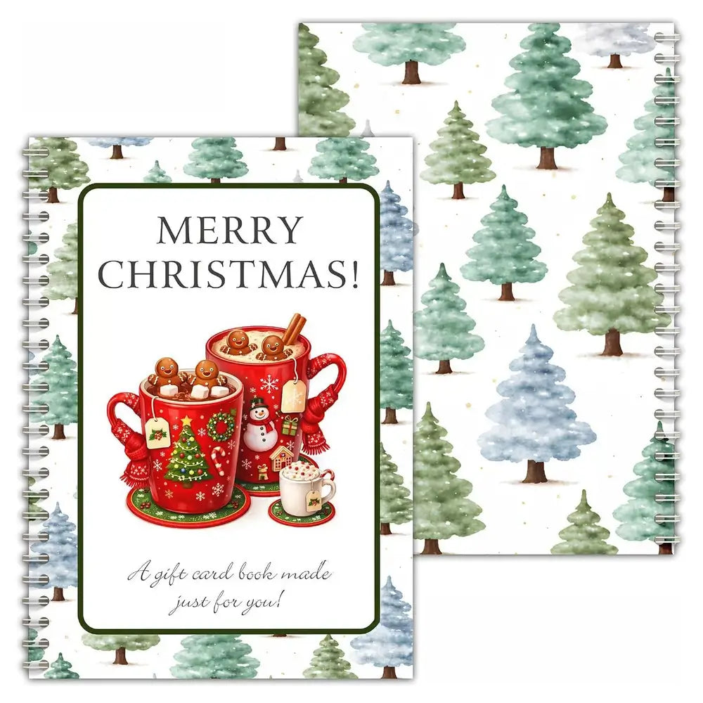 A spiral-bound gift card book with a festive Christmas cover design, shown in front of a matching patterned backing card. The front cover features the text 'MERRY CHRISTMAS!' above an illustration of red mugs filled with hot cocoa, gingerbread cookies, a Christmas tree, and a snowman, with the phrase 'A gift card book made just for you!' below.
