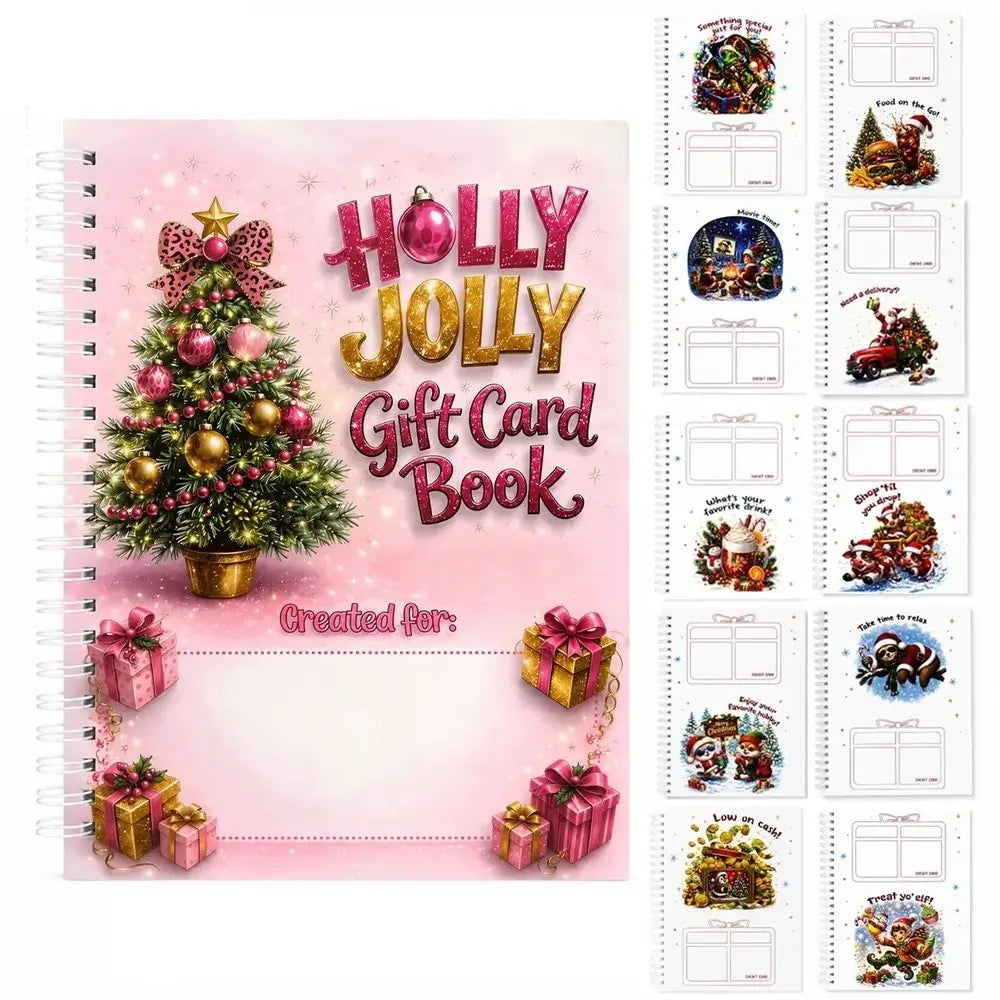 A spiral-bound Christmas gift card book shown open to several interior page designs. The cover is pink with large metallic-style text reading 'Holly Jolly Gift Card Book,' a decorated Christmas tree, ornaments, gifts, and blank gift card layouts visible on the right side.