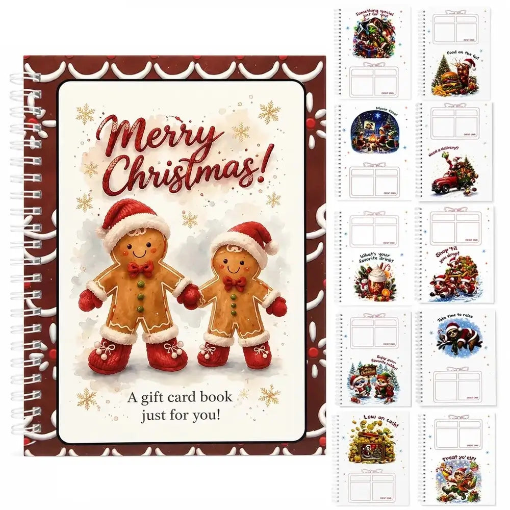 A spiral-bound Christmas gift card book set shown on a white background, with the front cover featuring two gingerbread cookies and the words 'Merry Christmas!' and 'A gift card book just for you!'. Small preview images along the right side show additional decorated card designs inside the book.
