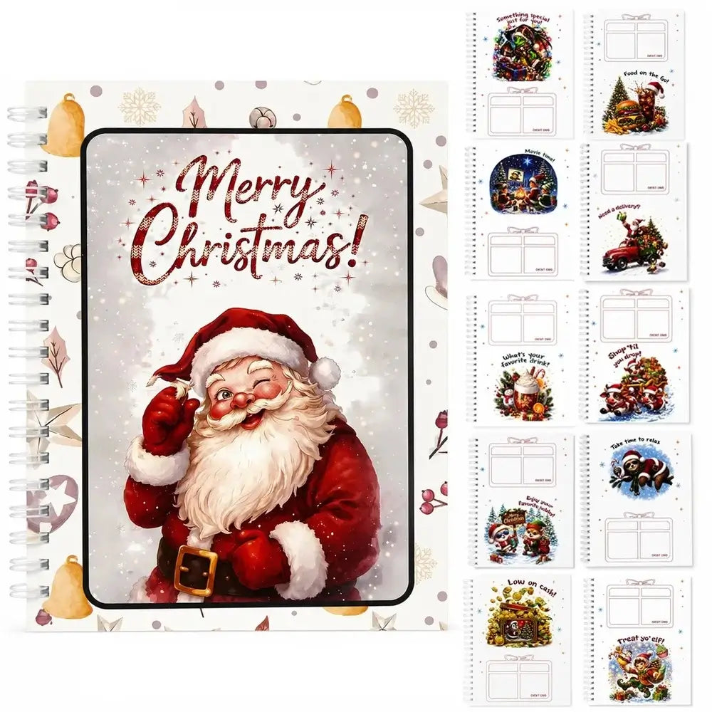 A Christmas-themed spiral-bound planner or notebook cover shown prominently, with smaller preview pages of the interior layout arranged to the right. The cover features a smiling Santa Claus illustration and the words 'Merry Christmas!' in large script.