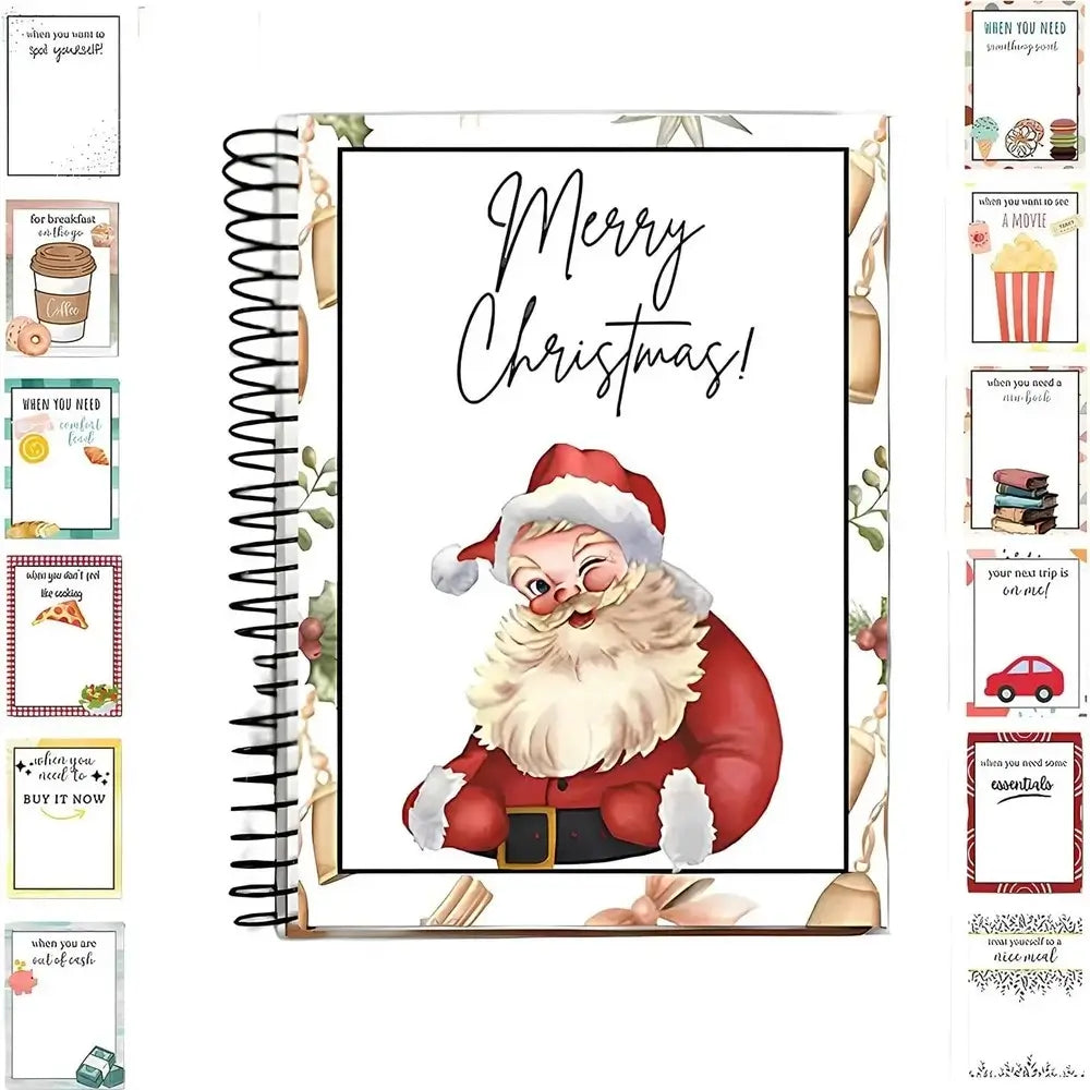 Spiral-bound notebook with Santa Claus illustration and 'Merry Christmas!' text on a white background.