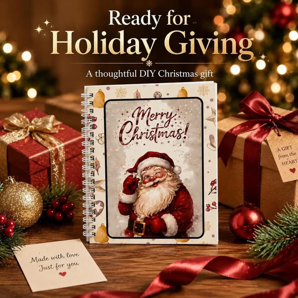 A spiral-bound DIY Christmas gift book with a 'Merry Christmas' Santa illustration, styled on a wooden table with wrapped presents, ornaments, ribbons, and holiday lights in the background. Text at the top reads 'Ready for Holiday Giving'.