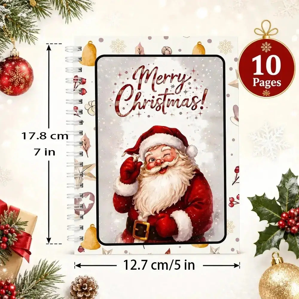 A Christmas-themed spiral notebook with a Santa Claus cover design, shown with dimension markings of 17.8 cm by 12.