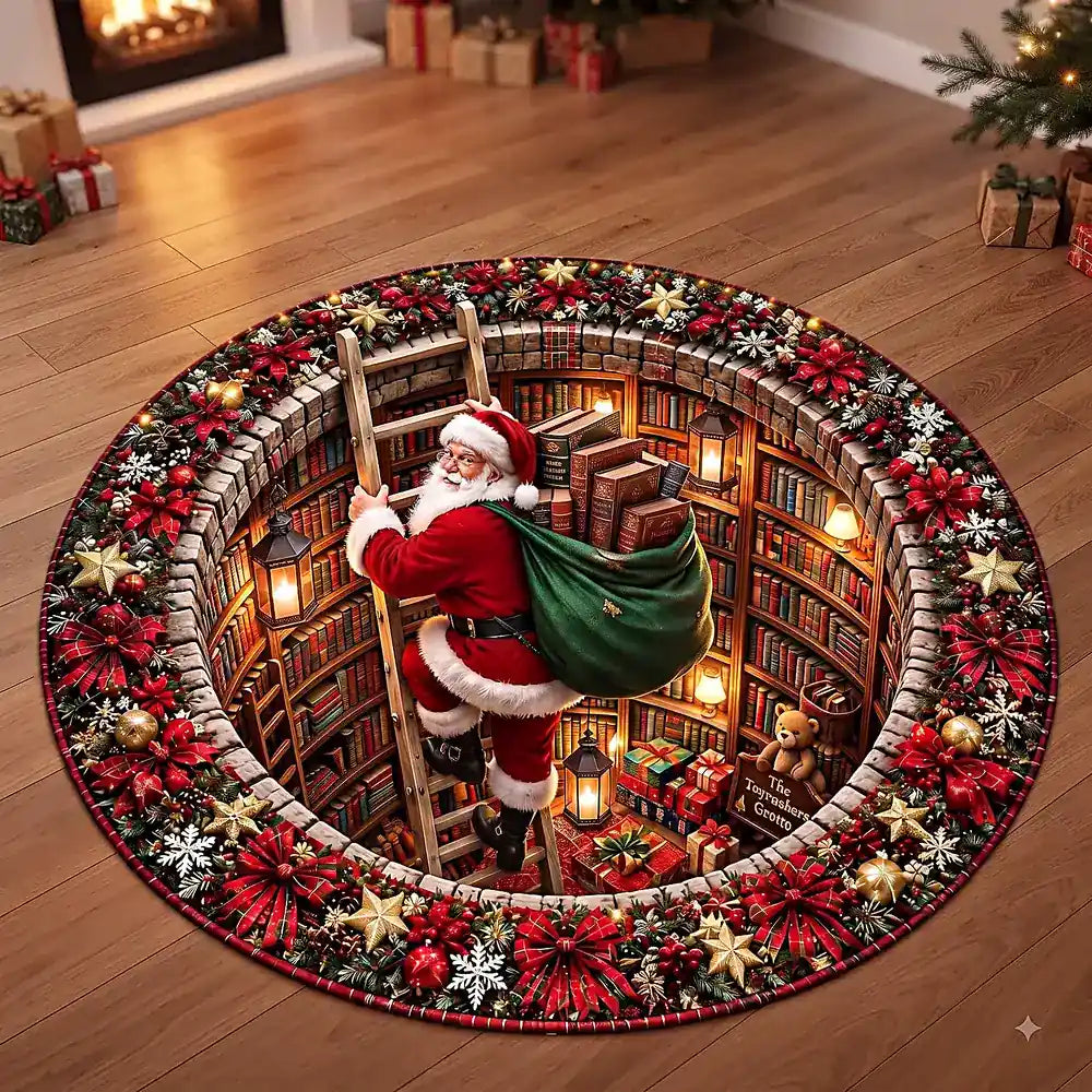 Christmas Santa With Library Round Rug - C052
