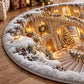 A round area rug featuring a detailed winter holiday scene with snow-covered stone staircases, glowing Christmas trees, and warm lanterns, shown on a wooden floor.