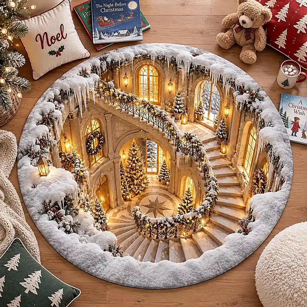 A round area rug featuring a detailed Christmas-themed grand staircase interior with snow, warm lights, and decorated trees, styled on a wooden floor with holiday pillows, books, a teddy bear, and a mug.