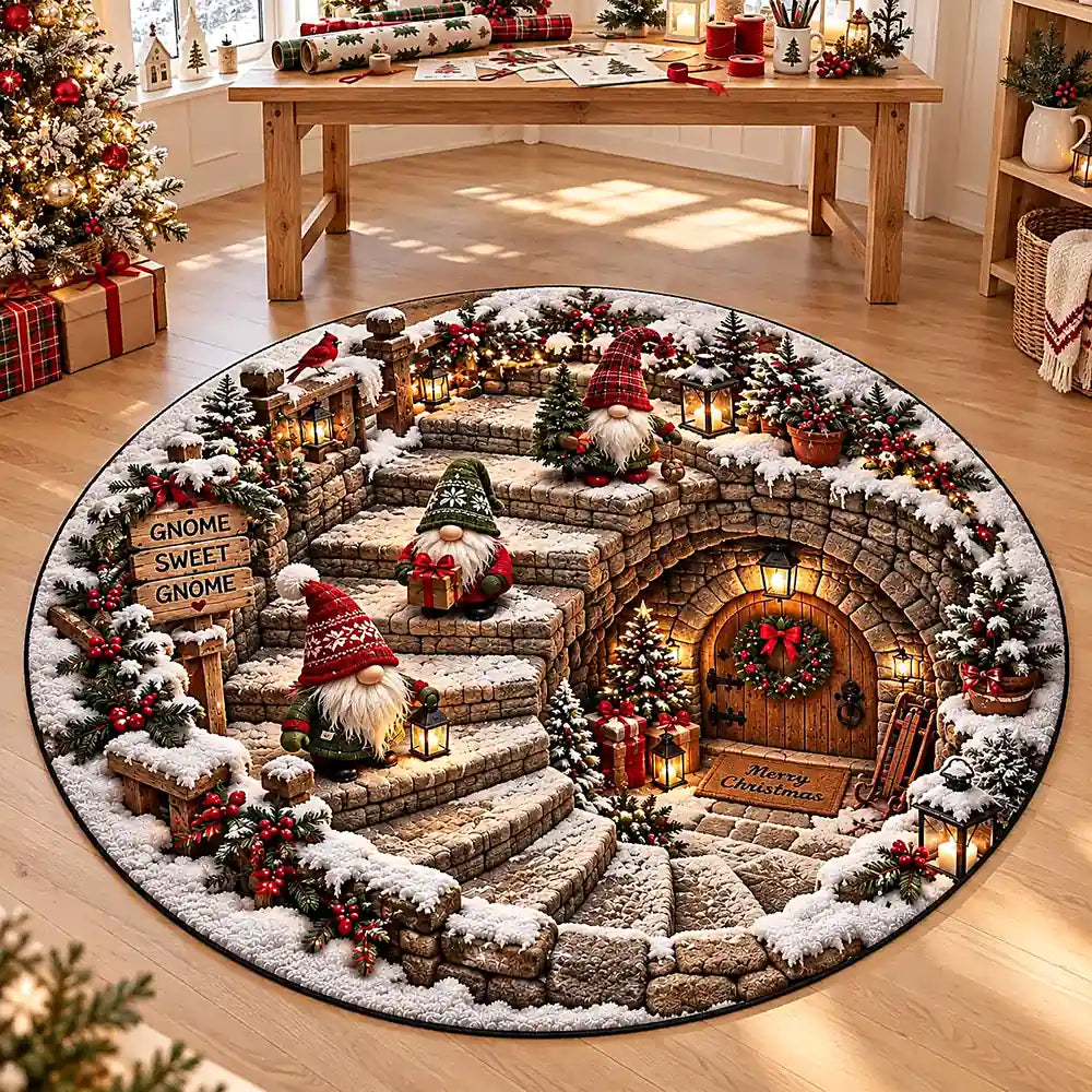 Christmas Sweet Gnome Round Rug - C063