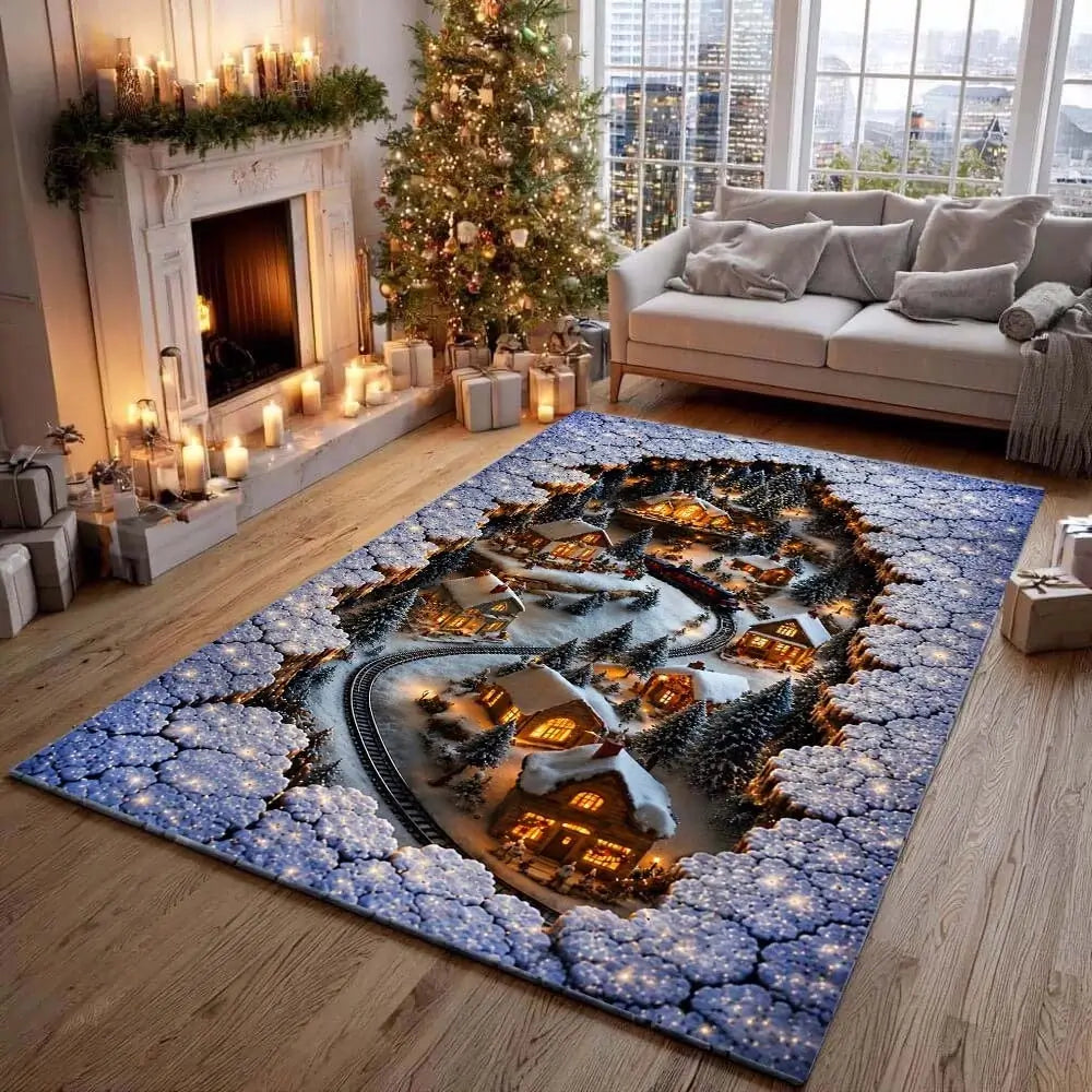 A rectangular area rug with a detailed 3D-effect winter village scene printed on it, displayed on a wooden floor in a decorated living room with a fireplace, Christmas tree, and sofa.