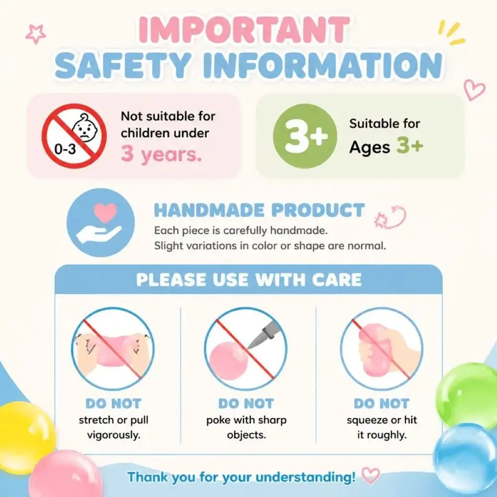 An informational safety card for a handmade product, featuring age suitability notes, a 'Handmade Product' section, and three 'Please Use with Care' icons with text warnings against stretching, poking with sharp objects, and squeezing or hitting roughly.