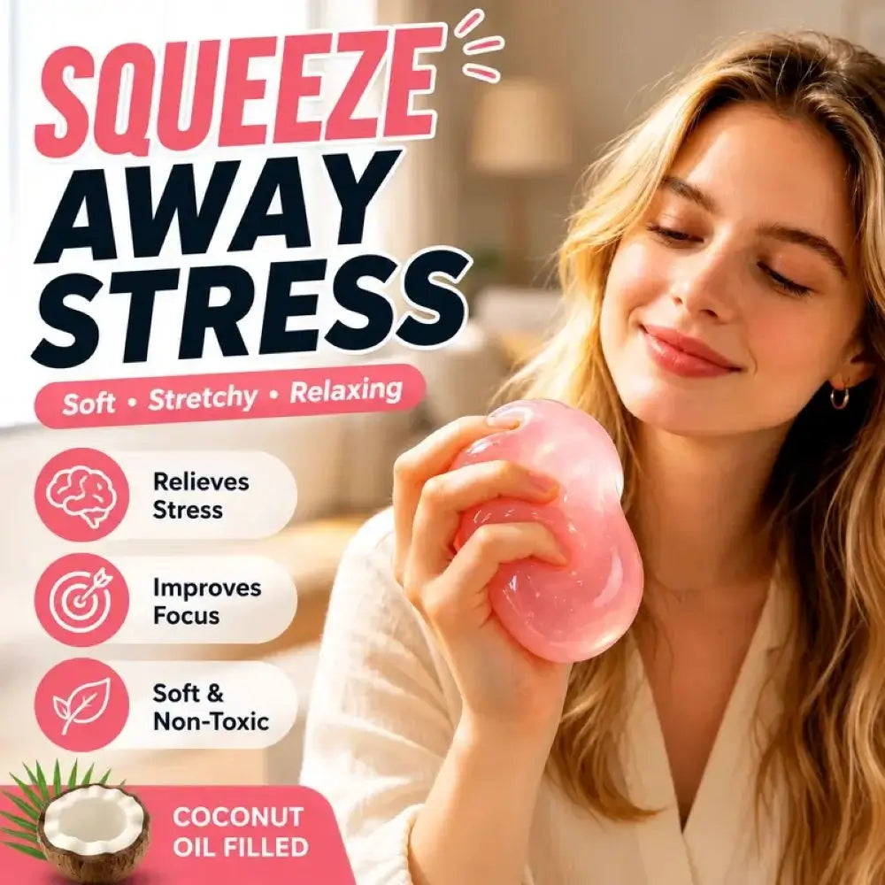 A woman holds a pink, squishy stress ball in a softly lit indoor setting, with large promotional text reading 'SQUEEZE AWAY STRESS' and feature callouts about stress relief, focus, and coconut oil filling.