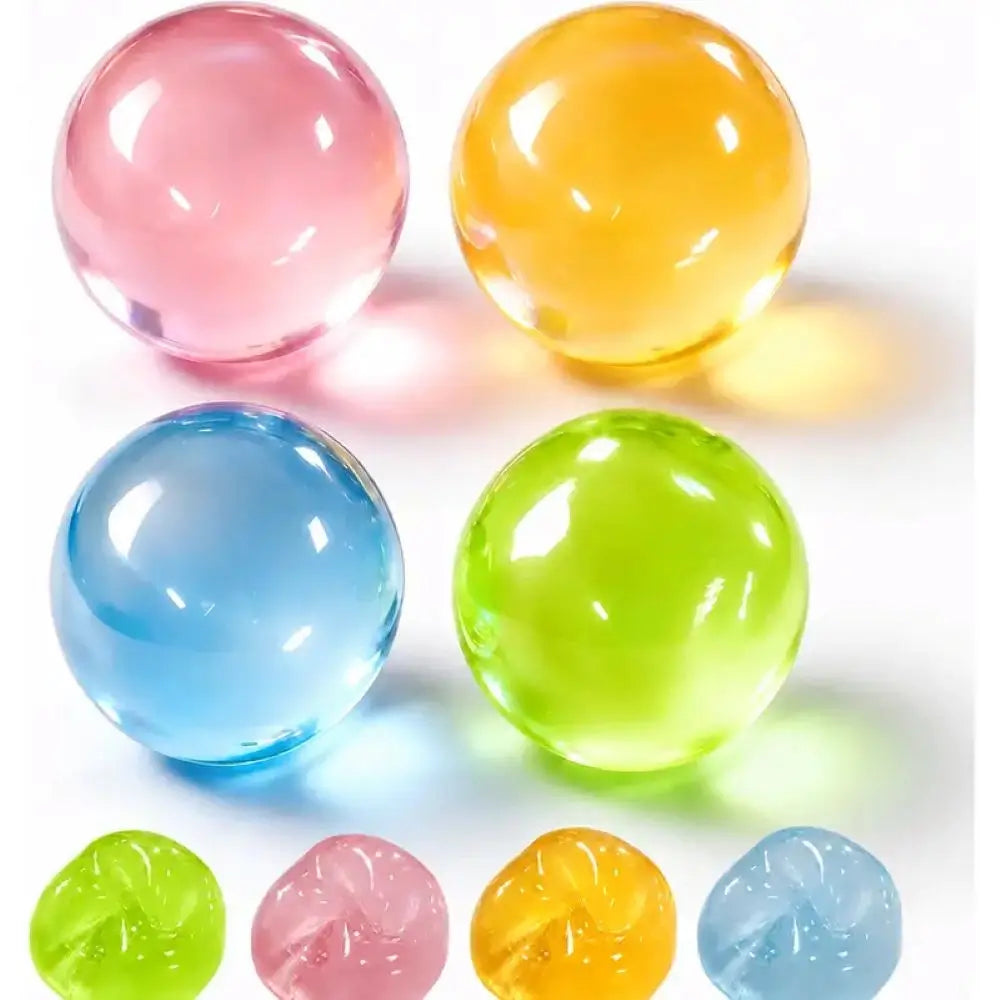 Four translucent gel balls in pink, yellow, blue, and green, arranged on a white background with four smaller thumbnail views along the bottom.