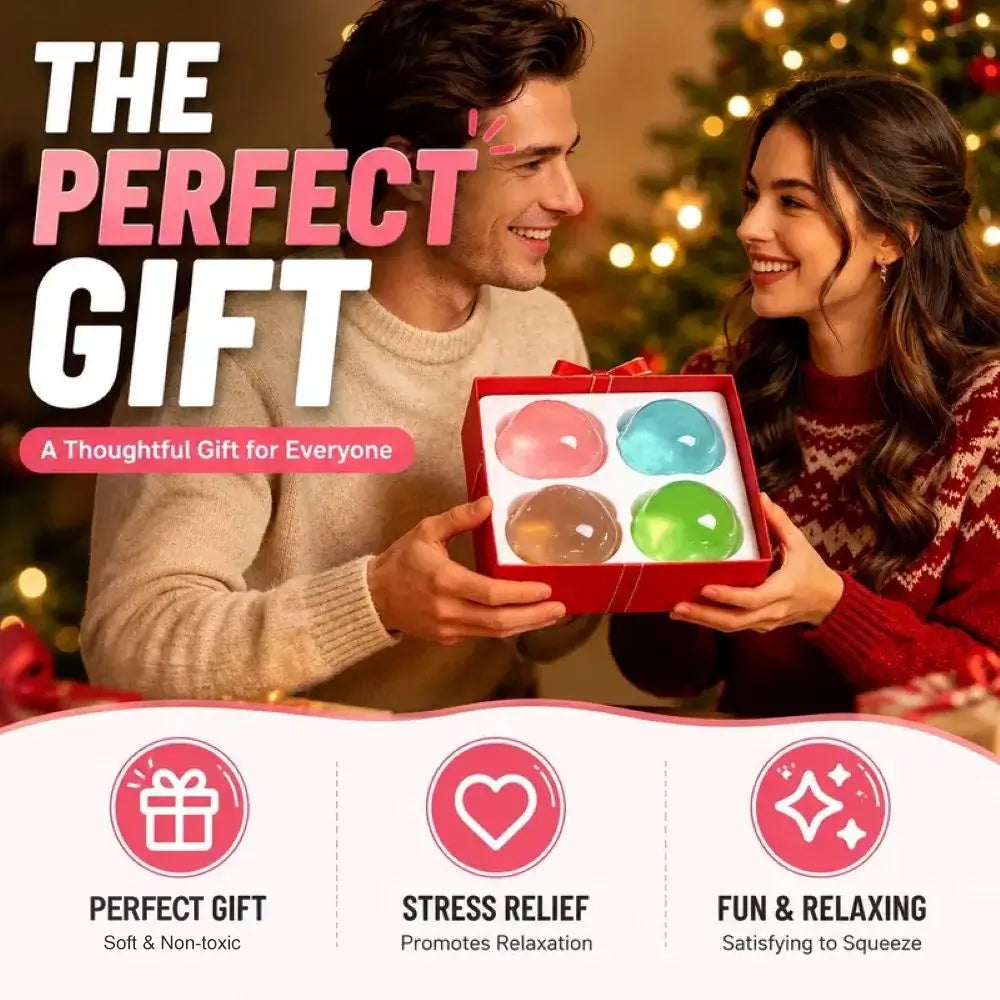 A promotional graphic showing a man and woman smiling while holding a red gift box with four colorful bath-bomb-like pads. Large text reads 'THE PERFECT GIFT,' with smaller copy about stress relief and fun & relaxing.