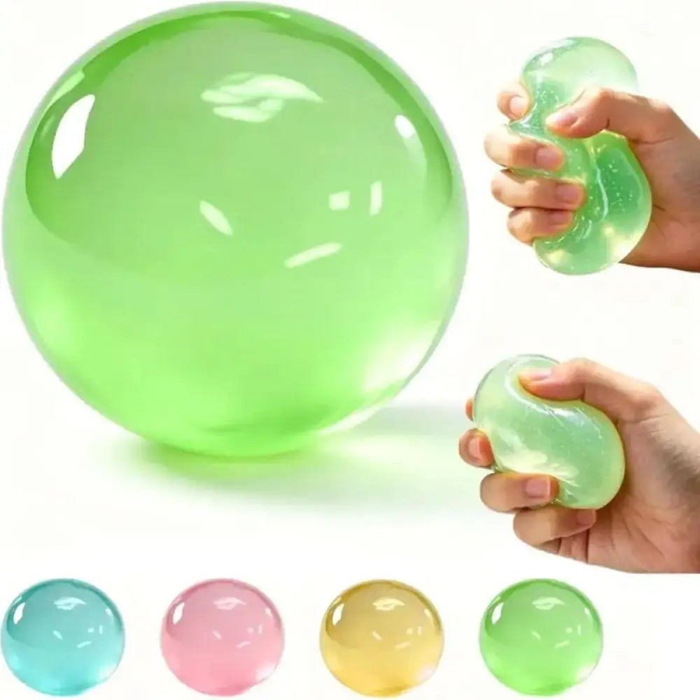 A translucent green stress ball shown large on the left, with two hands squeezing smaller versions on the right. Four small color variants are lined up along the bottom on a white background.