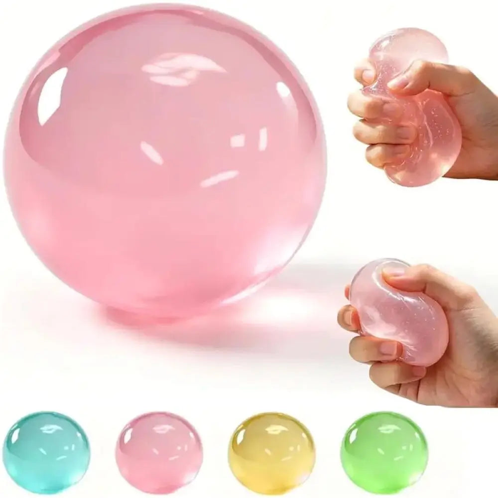 A pink translucent stress ball shown large on the left, with two hands squeezing smaller versions on the right. Four smaller balls in teal, pink, yellow, and green appear along the bottom on a white background.