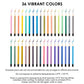 Thirty six colorful erasable gel pens arranged in two neat rows with usage warning notes printed below