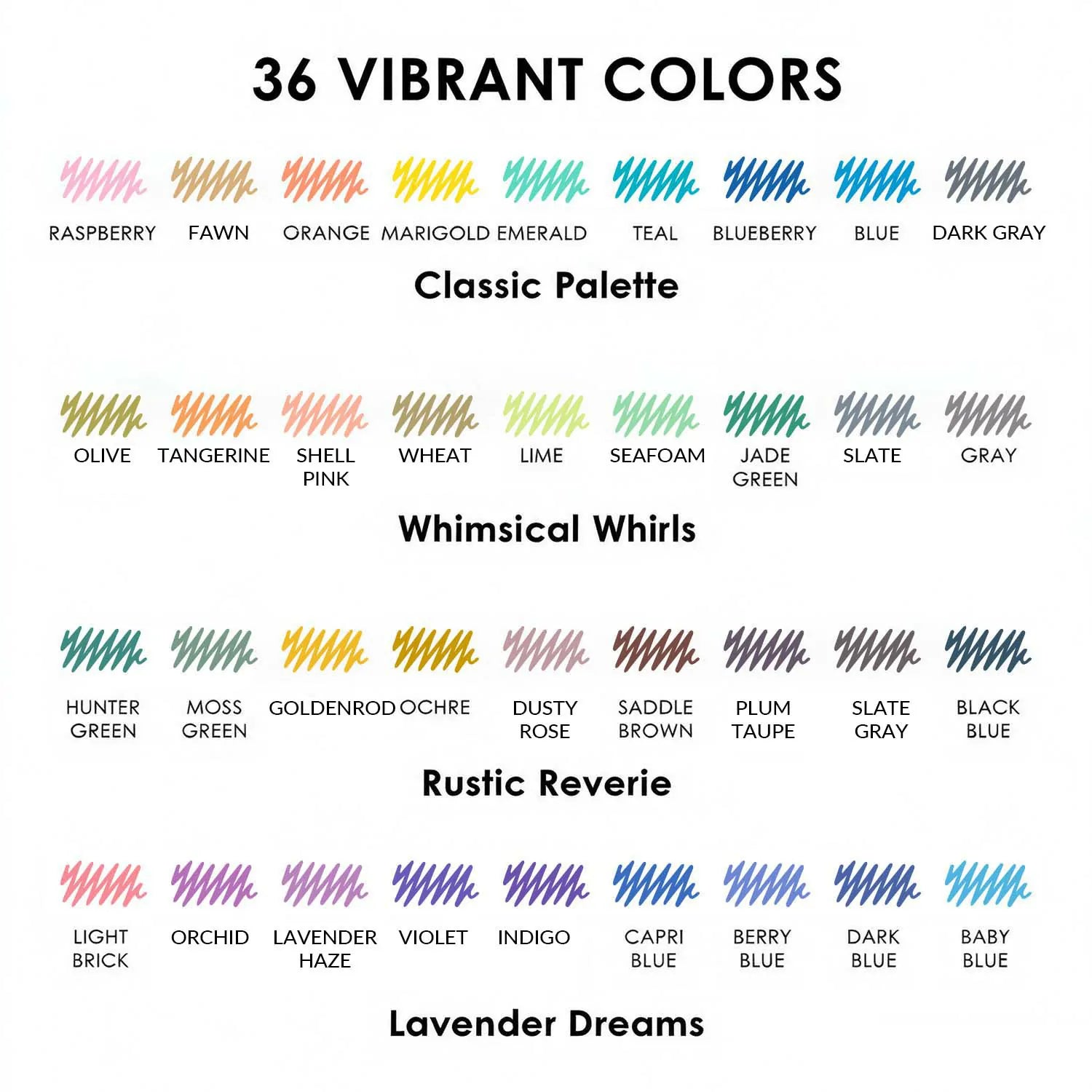 A color guide chart groups 36 ink swatches into four themed palettes each labeled with individual color names