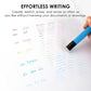 A hand holds a blue erasable pen rubbing colored handwriting off a white sheet printed with named ink colors