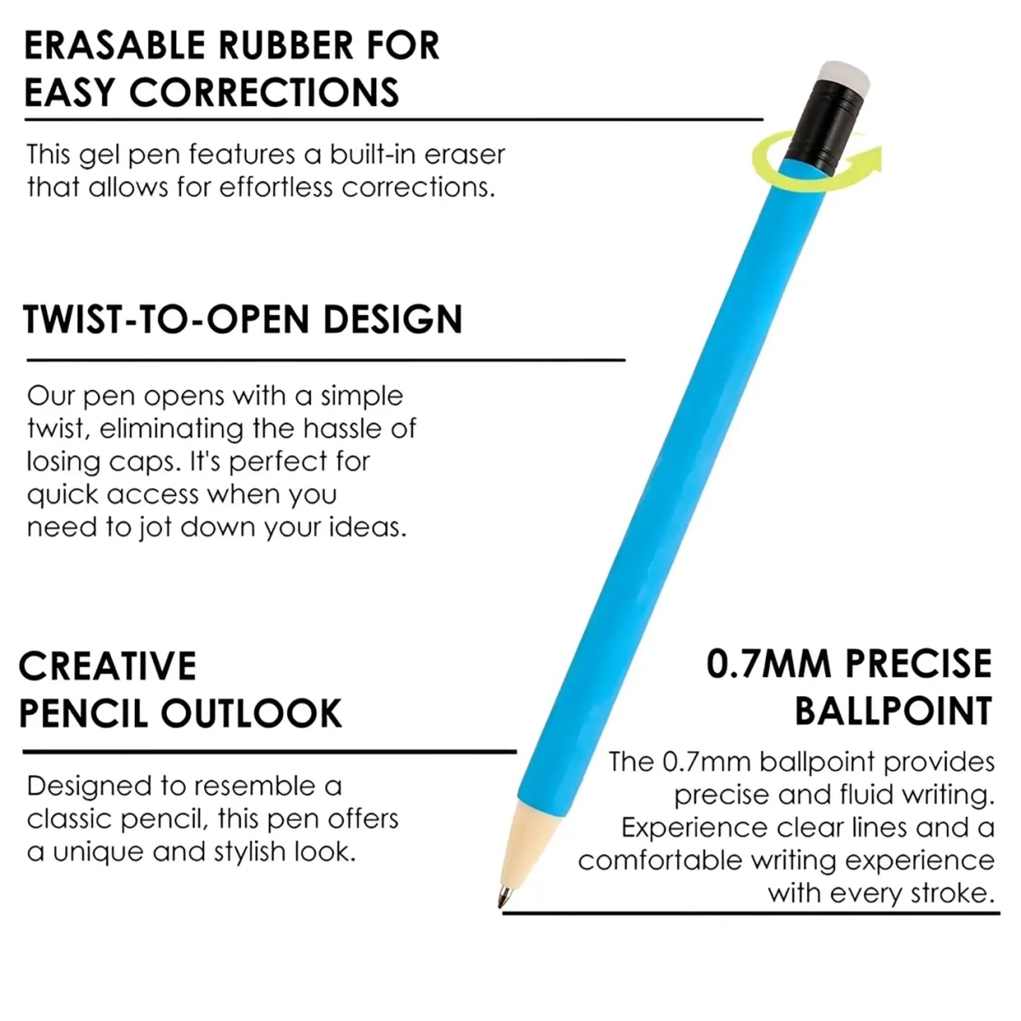 A blue erasable gel pen shown beside four feature labels covering the built-in eraser twist-open design pencil look and 0.7mm ballpoint tip