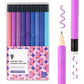 A set of nine purple and blue tone erasable gel pens in a clear box beside a single lavender pen closeup and ink swatch
