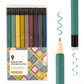 A set of nine muted earth tone erasable gel pens in a transparent case with a single green pen closeup and a wavy ink line