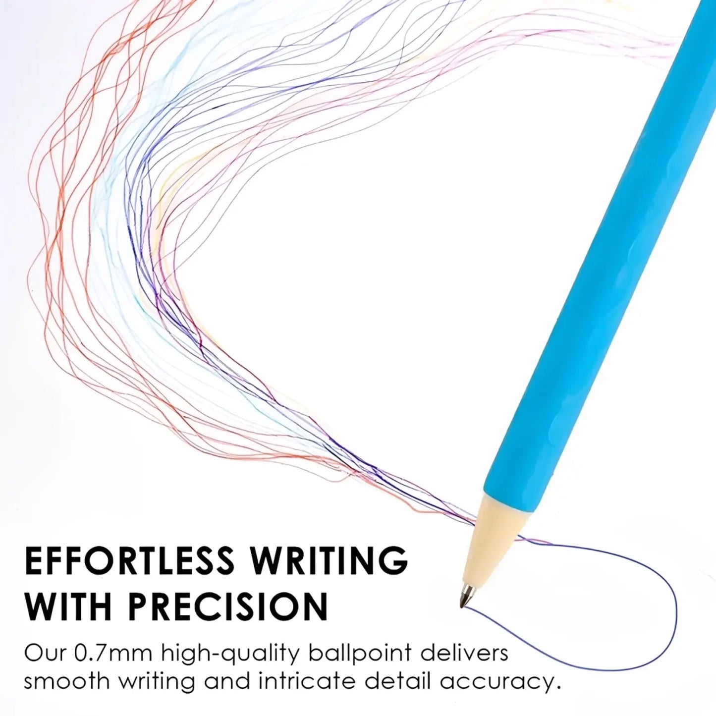 A blue gel pen draws flowing multicolor curved lines with a note about precise 0.7mm ballpoint writing