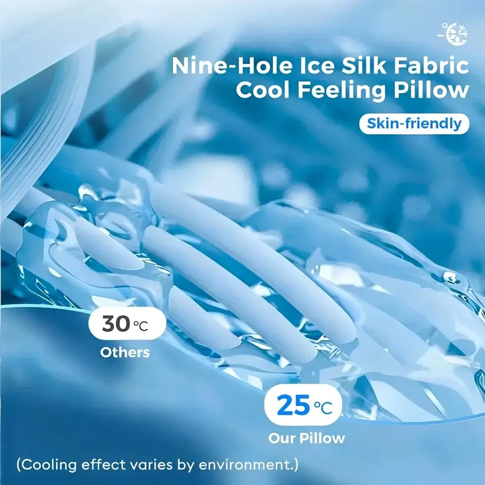 A closeup of nine-hole ice silk cooling fabric comparing the pillow 25 degrees against ordinary fabric 30 degrees