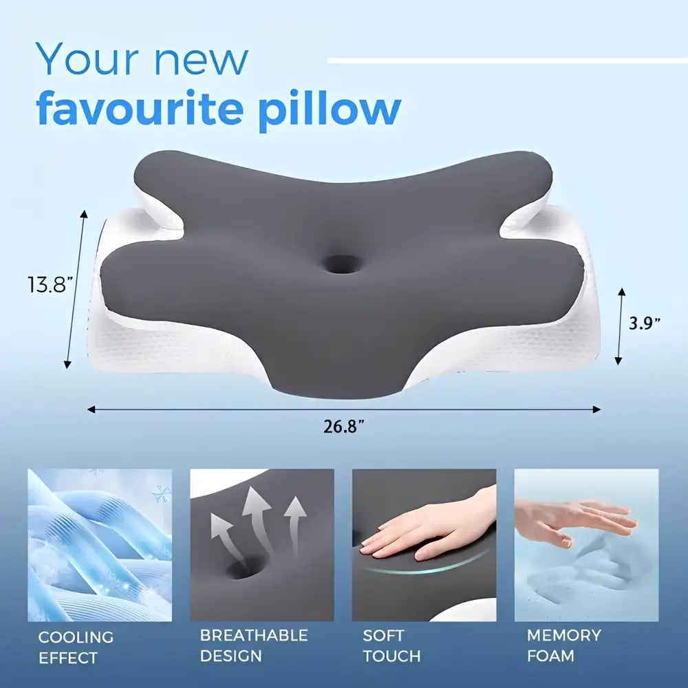 A dimension diagram of the pillow with length width and height measurements above four small feature icons for cooling breathability soft touch and memory foam