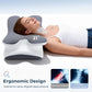 A woman lies on the pillow marked with a 21 degree cervical angle next to X ray comparisons of normal and lordotic spines
