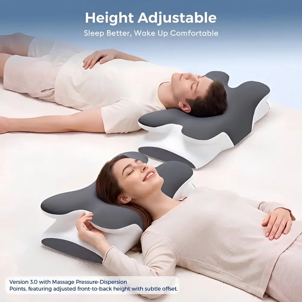 A man and a woman lie on two versions of the pillow to show the adjustable front to back height design