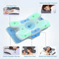 A top view of the pillow divided into numbered colored zones with small photos showing arm rest shoulder pressure and neck stretch functions