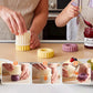 A person and a child demonstrate a round fluted pastry cutter or mold set on a kitchen counter, with one white cutter shown, plus three step-by-step inset diagrams explaining use.