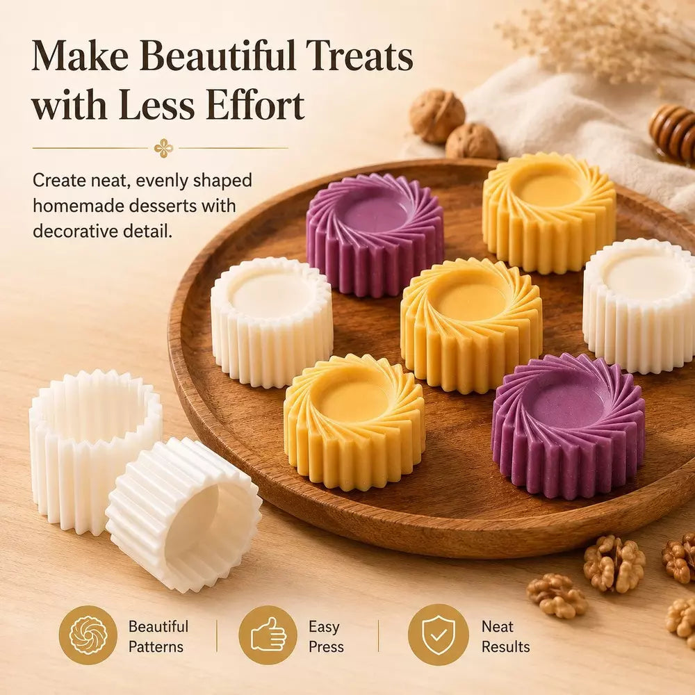 A promotional product image showing colorful pressed dessert molds and example pressed treats on a wooden tray, with text and icons describing the benefits: 'Make Beautiful Treats with Less Effort,' 'Beautiful Patterns,' 'Easy Press,' and 'Neat Results.'.